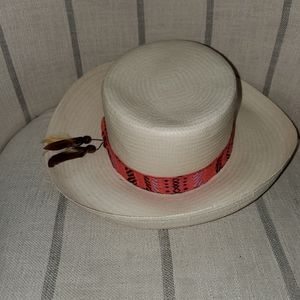 Summer Rules By Firethorn Straw Fedora Hat with feather EUC